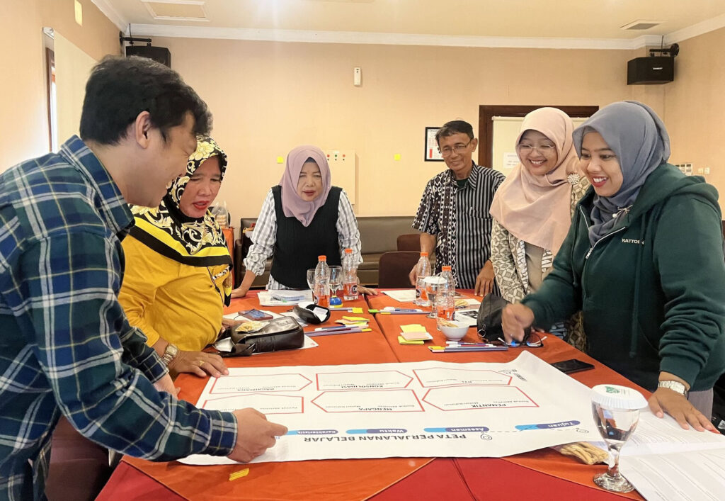 A group of five adult educators, including four women wearing headscarves and one man, are gathered around a table with a man in a plaid shirt pointing to a large printed document labeled "PETA PERJALANAN BELAJAR" (Learning Journey Map). They are engaged in a Co-Design Forum for the STIR Program Indonesia, collaborating on learning materials and strategies within STIR Education.